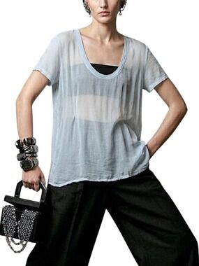 James Perse sheer blue scoop neck boxy short sleeve quiet luxury shirt 2 / M